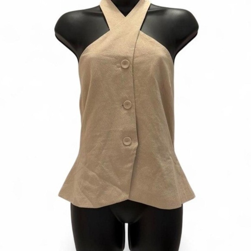 Boohoo Office Siren Halter Neck Button Up Vest Top Beige Asymmetrical Flare